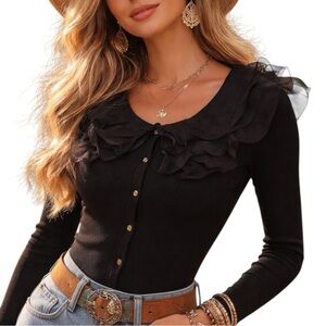 Romantic Black Chiffon Ruffle Collar Long Sleeve Knit Cardigan Sweater Small